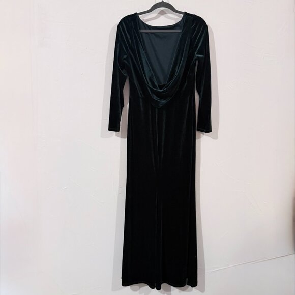 Elegant Green Velvet Dress with cowl drape back and slit, size 14 - Picture 2 of 5